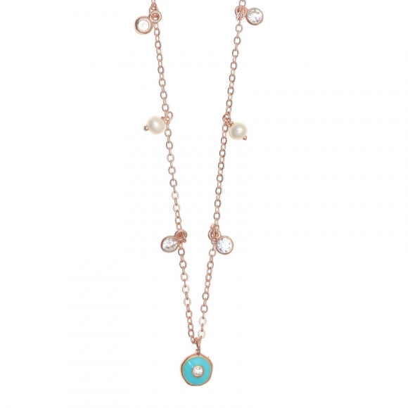 Necklace silver 925 pink gold plated with white zirconia and fresh water pearls - Simply Me