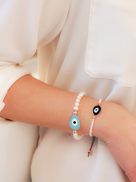 Bracelet silver 925 gold plated, with enamel evil eye and cord - Wish Luck