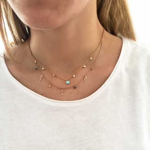 Necklace silver 925 pink gold plated with white zirconia and fresh water pearls - Simply Me