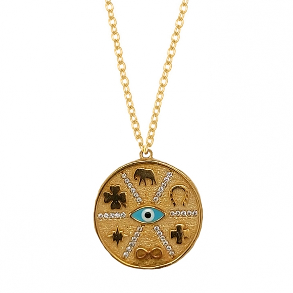Necklace silver 925 gold plated & with enamel evil eye - Wish Luck