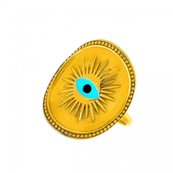 Ring silver 925 yellow gold plated & with enamel evil eye - Wish Luck