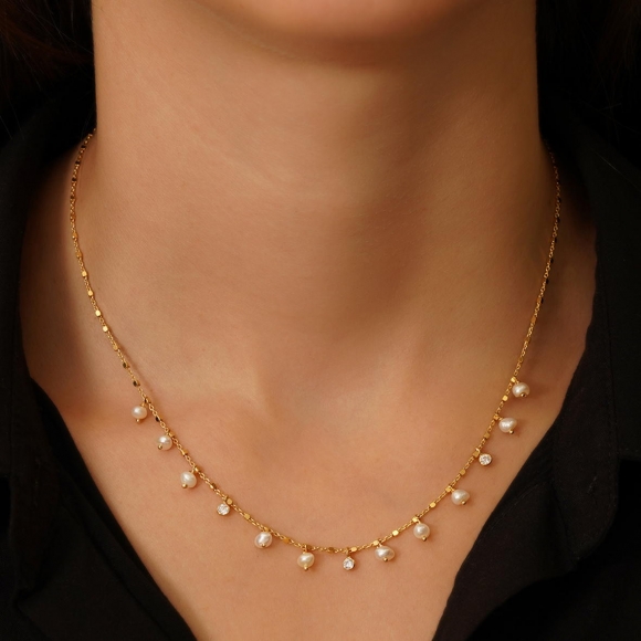 Necklace in silver 925 yellow gold plated with fresh waters pearls and zirconia - Simply Me