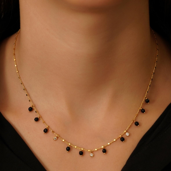 Necklace in silver 925 yellow gold plated with onyx and zirconia - Simply Me
